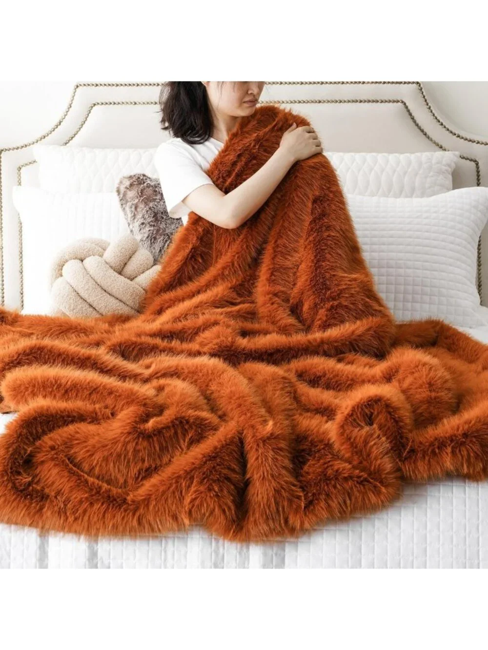 Luxury Orange Faux Fur Throw Blanket - Cozy Fall Decor, 60
